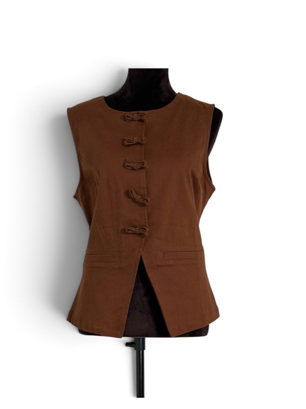 Prairie Coquette Bow Front Denim Vest Brown Snap Button Western Size XL Stretch